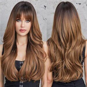 Wig with Bangs for Women, Ombre Brown